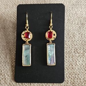 Gold Plated Dangle Earrings with Red Crystal and Abalone Inlay